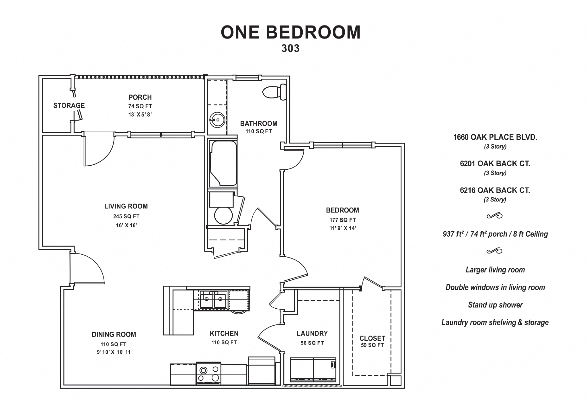 Floor plan for 1 bed, 1 bath, 921 sqft